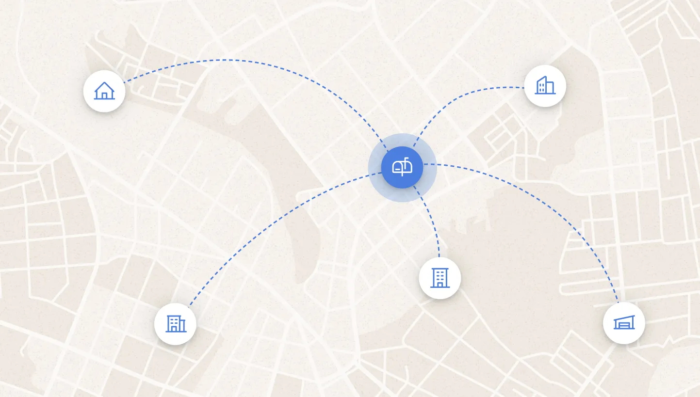 Map illustration showing multiple business locations — home, office, coworking space, and old addresses — routing mail to one centralized virtual business address.