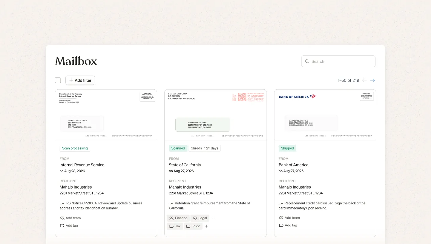 Screenshot of a virtual mailbox dashboard showing scanned business mail items digitized and organized by sender, date, and recipient, with tags and team routing options.