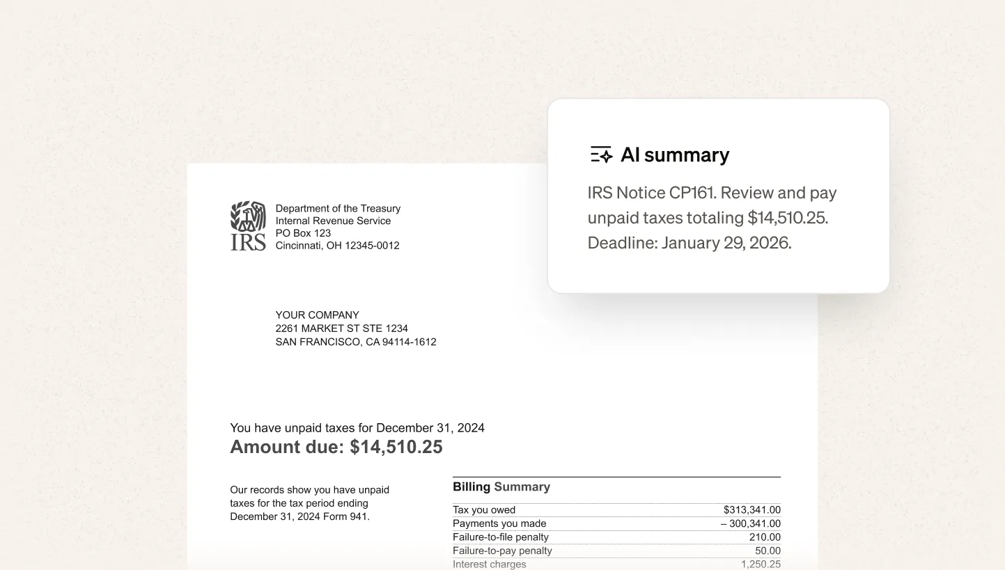 Screenshot of an IRS tax notice with an AI-generated summary card showing the notice type, amount owed, and payment deadline.